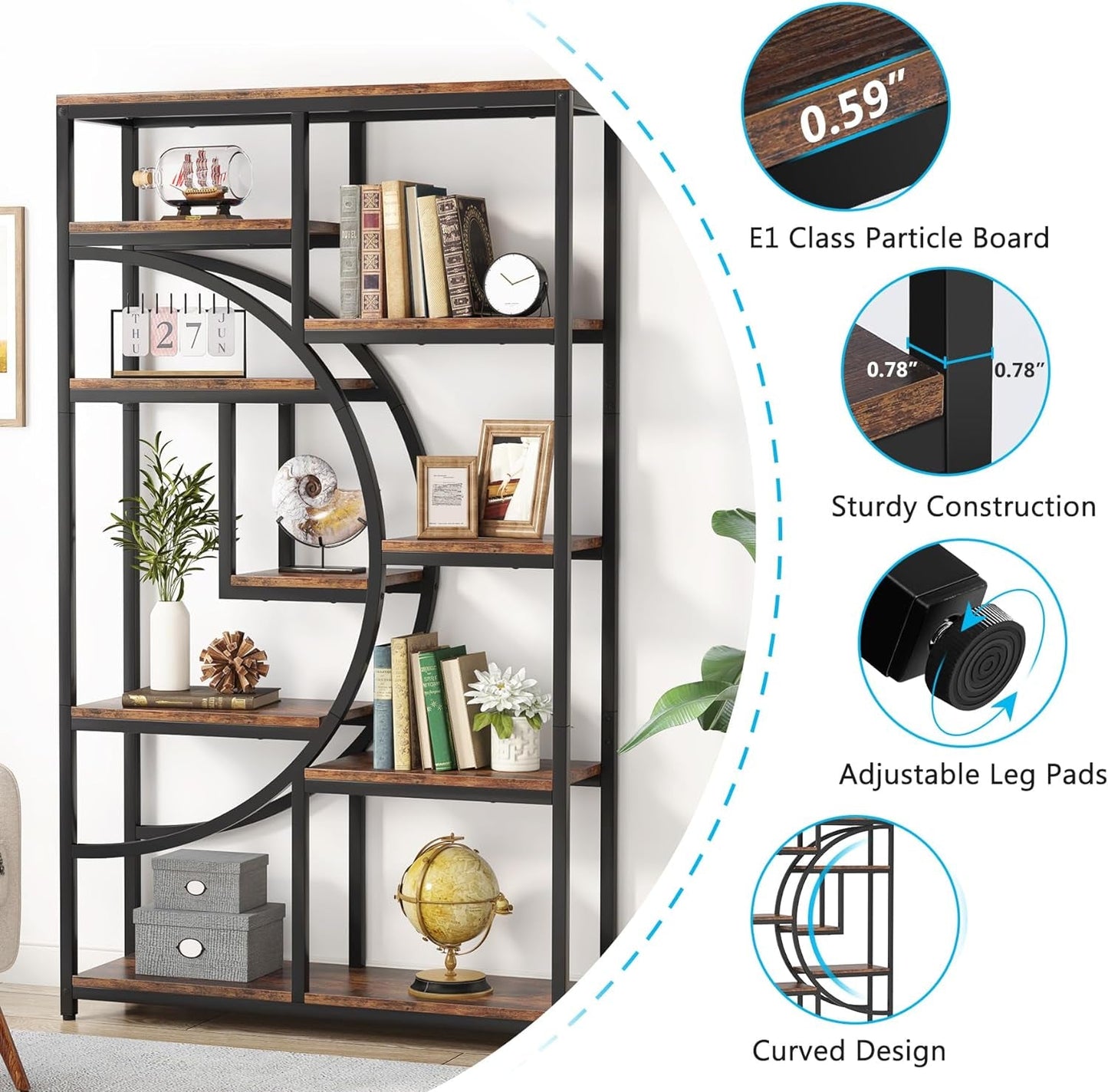 Bookshelf Industrial 5 Tier Etagere Bookcase, Freestanding Tall Bookshelves Display Shelf Storage Organizer with 9-Open Storage Shelf for Living Room, Bedroom-4