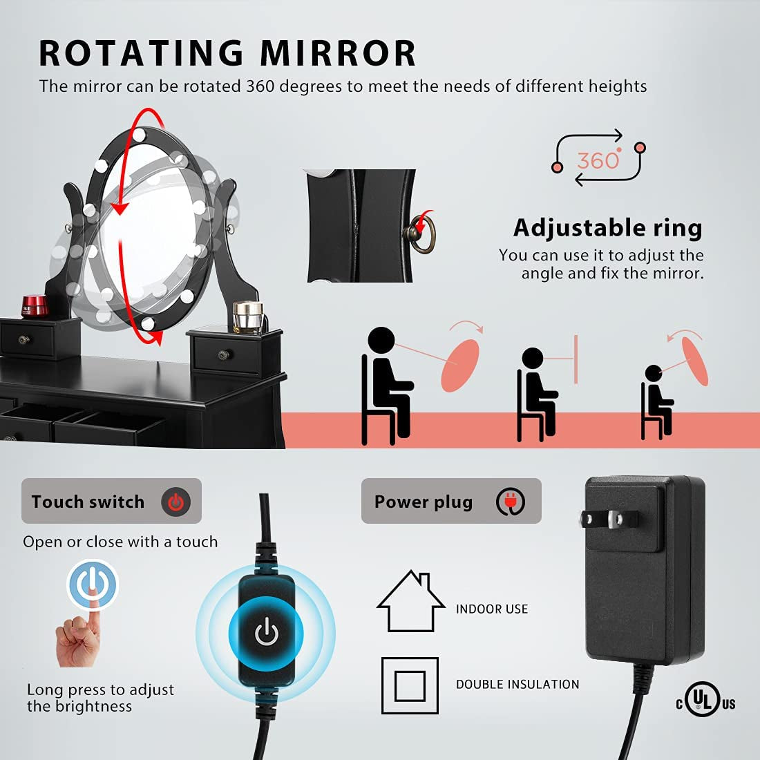 3-Color Dimmable Lighted Mirror Vanity Set-3