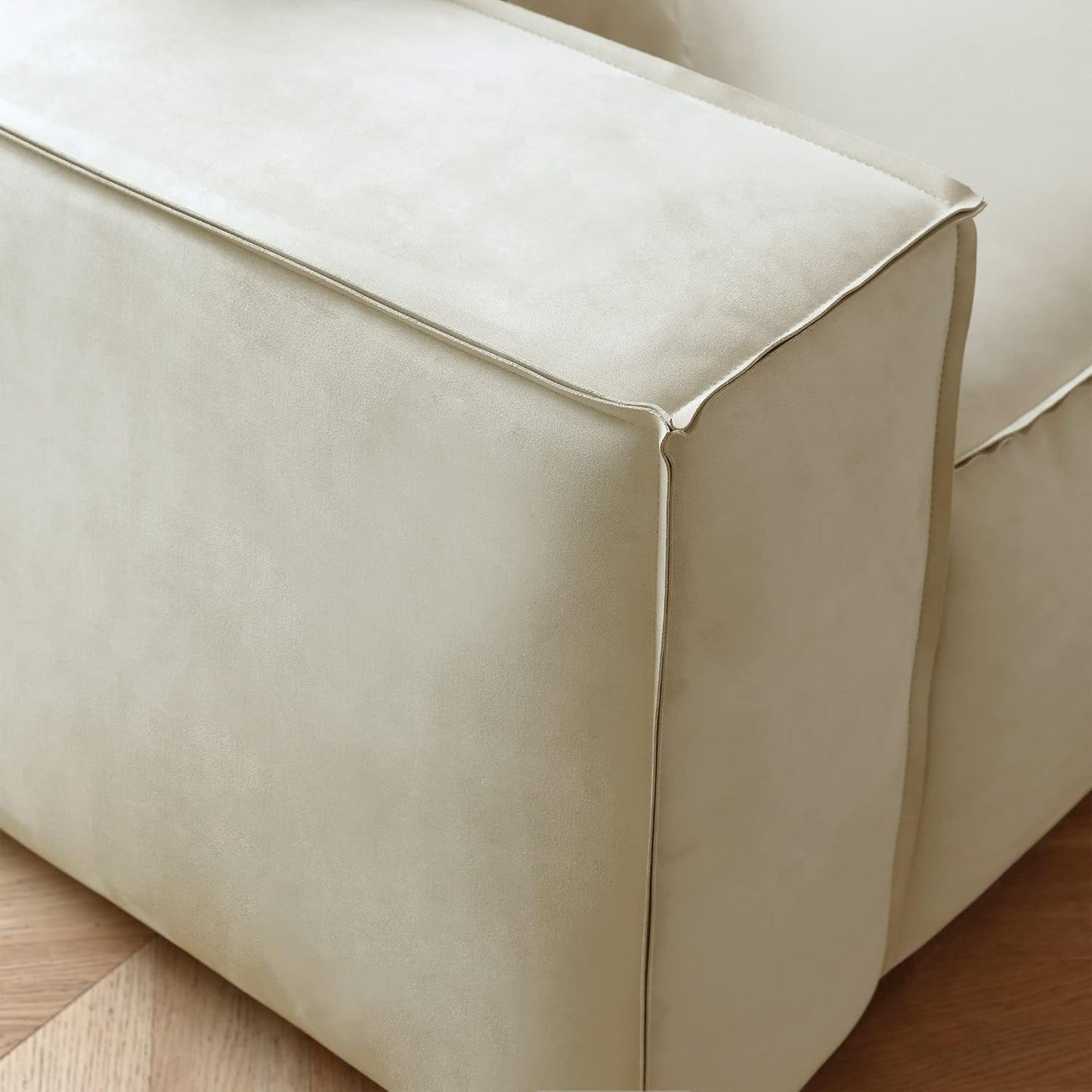 Modern L-Shaped Deep Sectional Sofa Furniture Set for Living Room Lounge, Minimalist Style Comfy Suedette Upholstery Corner Couch with Chaise, Cream-4