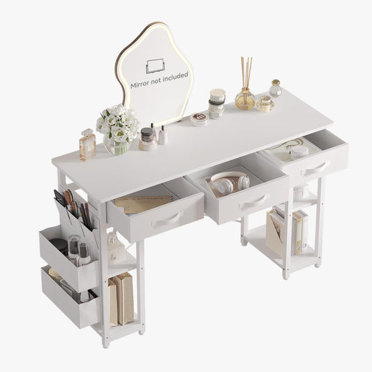 White Vanity Desk, Computer and Study Desk with Fabric Drawers & Side Storage Bag, No Mirror. Makeup Vanity Table, Home Office Desk, Modern Writing Desk, 48"X16".-1