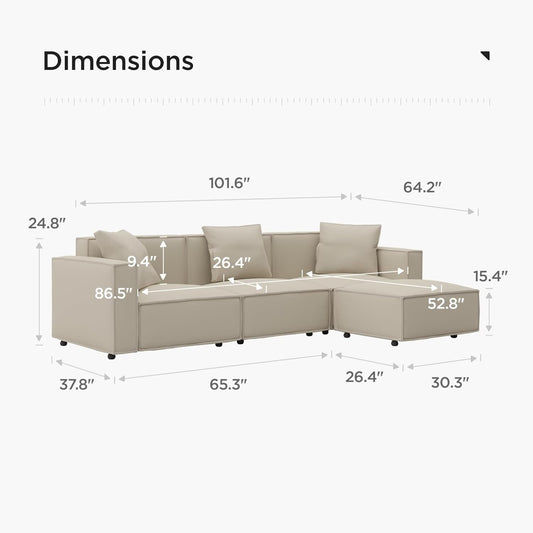 Luxury Modular Sectional Living Room Sofa Set, Modern Minimalist Style Couch with Ottoman and Chaise, L-Shape, Cream-1