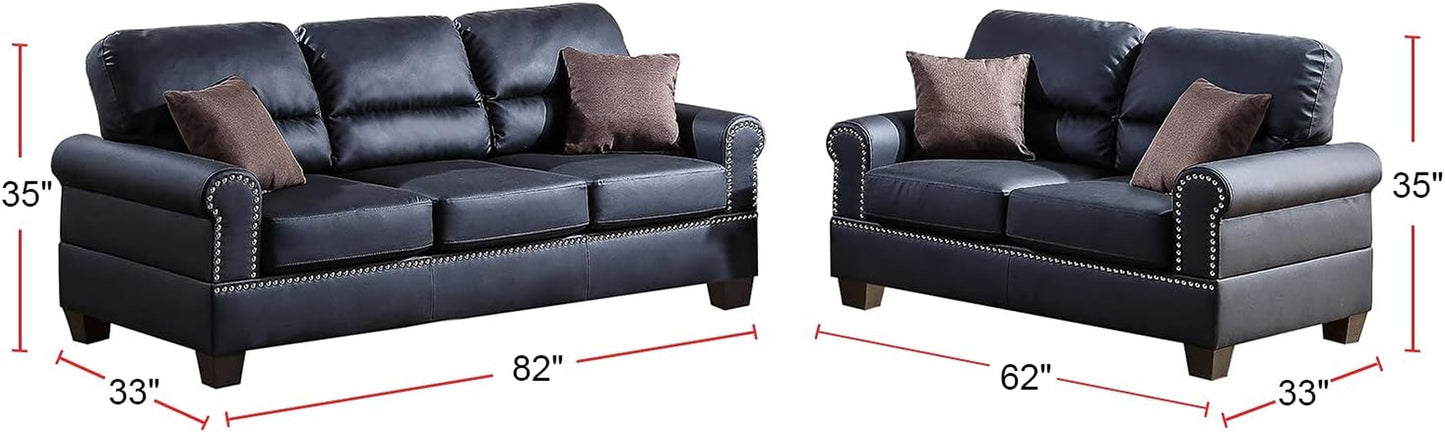 Bobkona Shelton Bonded Leather 2 Piece Sofa and Loveseat Set, Black-2