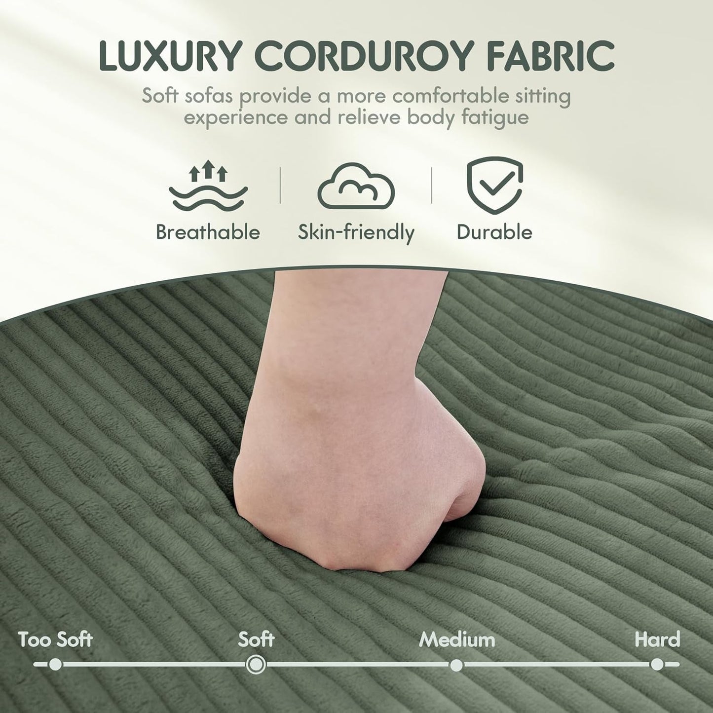 Sofa 110” Corduroy Sectional Comfy Couches for Living Room, Modern Deep Removable Back and Seat Cushions, 4 Seater Fluffy Sleeper with Soft Armrest, Green-4