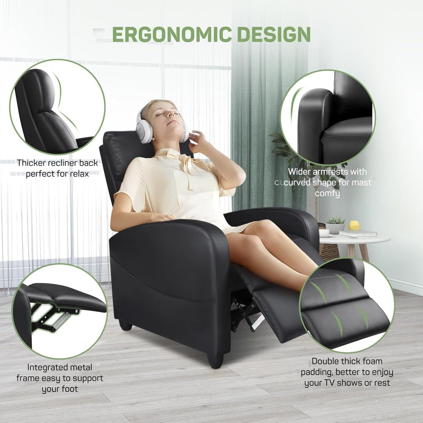 Recliner Chair with Massage and Lumbar Support, Small PU Leather Home Theater Seating, Adjustable Modern Reclining Chair for Adults in Living Room-4