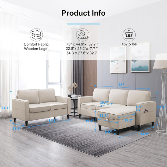 L Shaped Sectional Couch and Loveseat Sets, 2 Piece Living Room Sofa Set, Modern Linen 3 Seater Sofa with Storage Ottoman + 2-Seat Love Seat Furniture Sets for Apartment-1