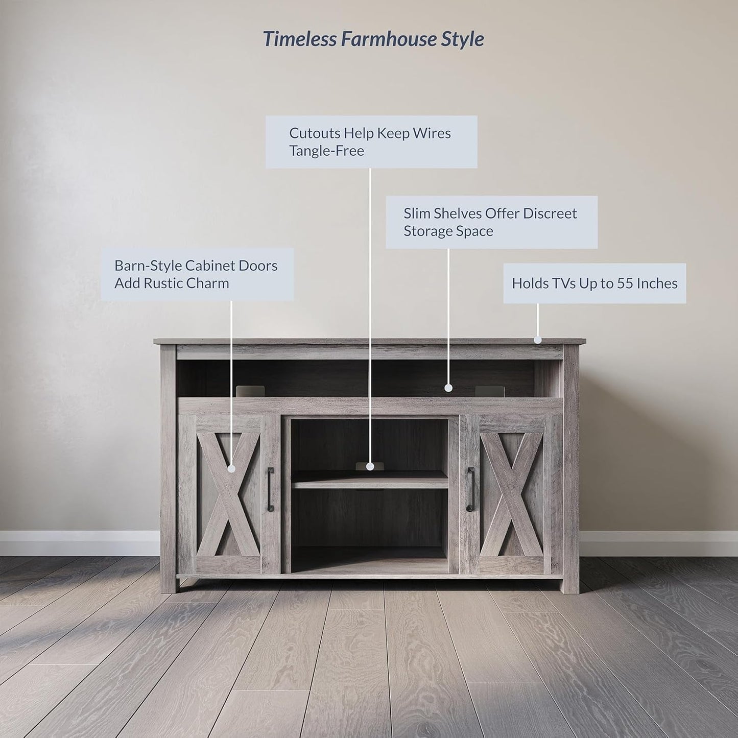Modern 48 Inch Barn Door Wood TV Stand & Media Entertainment Center Console Table for Tvs up to 50 Inches with Two Open Shelves and Cabinets - Corin (Gray Wash)-2