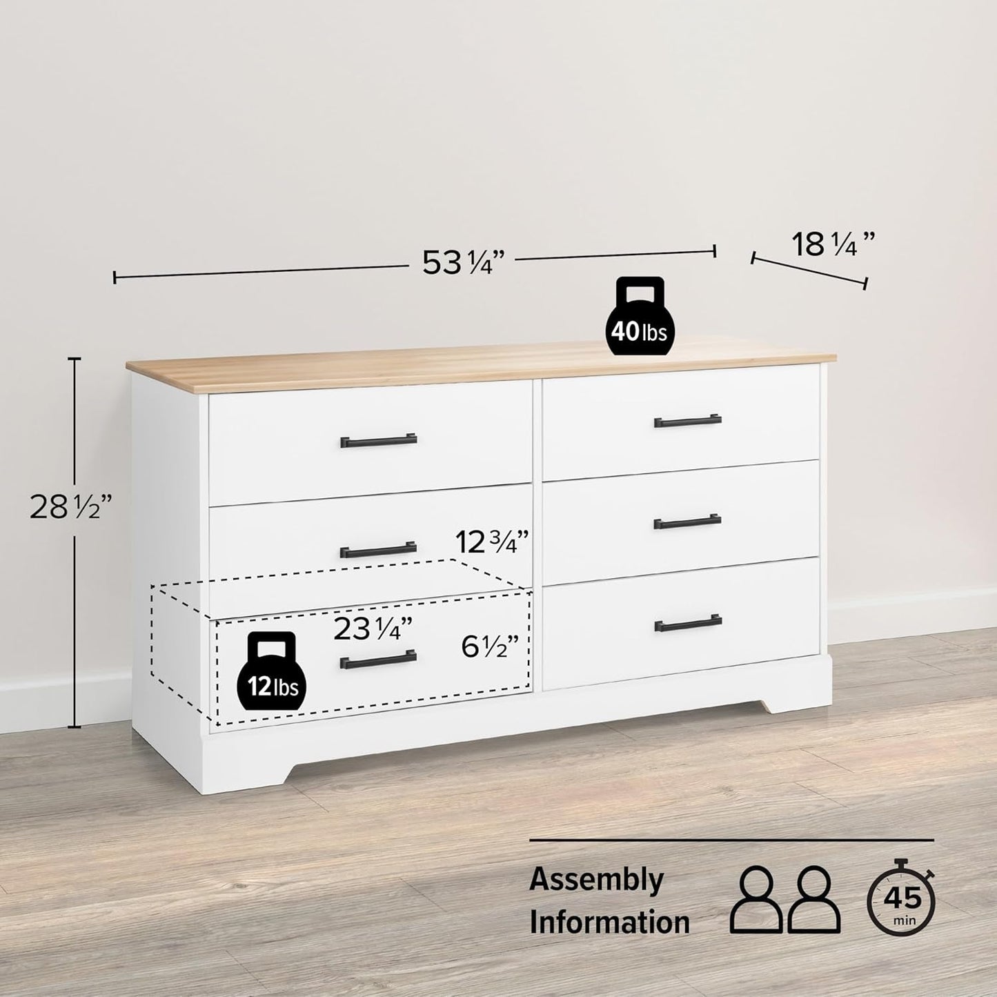 Rustic Ridge Farmhouse 6-Drawer Double Dresser, White & Oak Dresser for Bedroom, Chest of Drawers with 6 Storage Drawers, 53.25” Wide X 18.25” Deep X 28.5” Tall, White & Oak-2