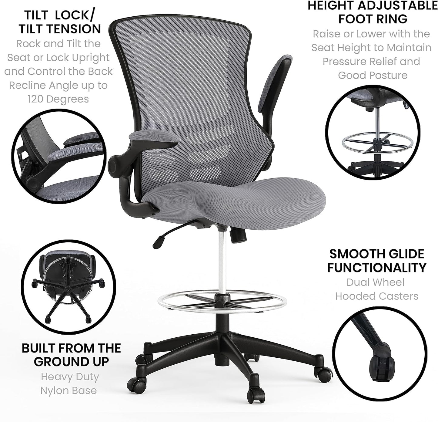 Kelista Mid-Back Swivel Office Chair with Adjustable Seat Height, Ergonomic Mesh Desk Chair with Flip-Up Armrests, Dark Gray-4