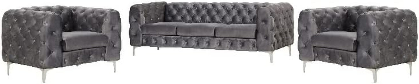 Sofa and Two Chairs Velvet Fabric Living Room Furniture Set-Gray-1