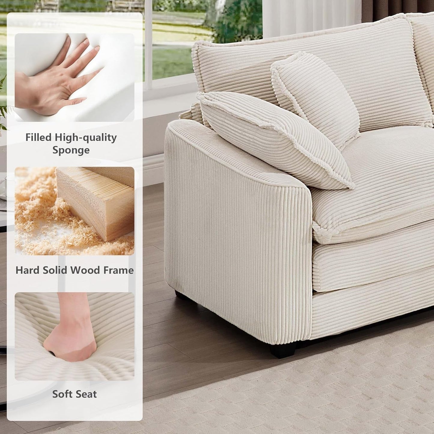 Oversized 2 Piece Sofa Set for Living Room, 3-Seater & Loveseat Couch, Modular Sectional Deep Seat Corduroy Comfy Cloud Couches with 4 Armrest Pillows and 5 Toss Pillows, Beige-4