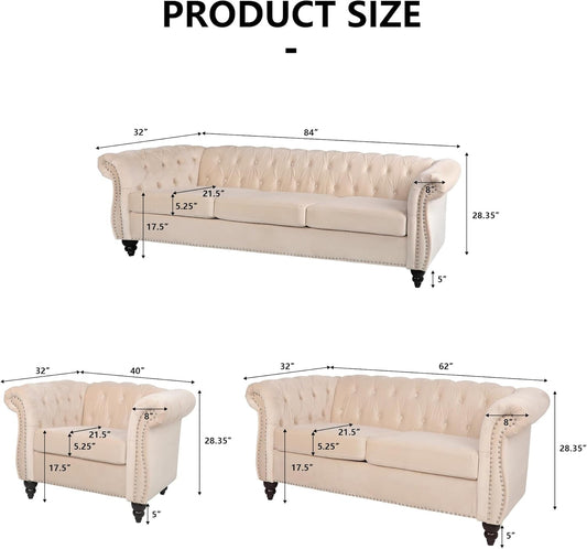 3 Pieces of Living Room Furniture Sofa Sets, Modern Velvet Chesterfield Sofa&Chesterfield Club Chair&Chesterfield Loveseat Sofas Set with Nailhead Trims Scroll Arms for Living Room (Beige)-1