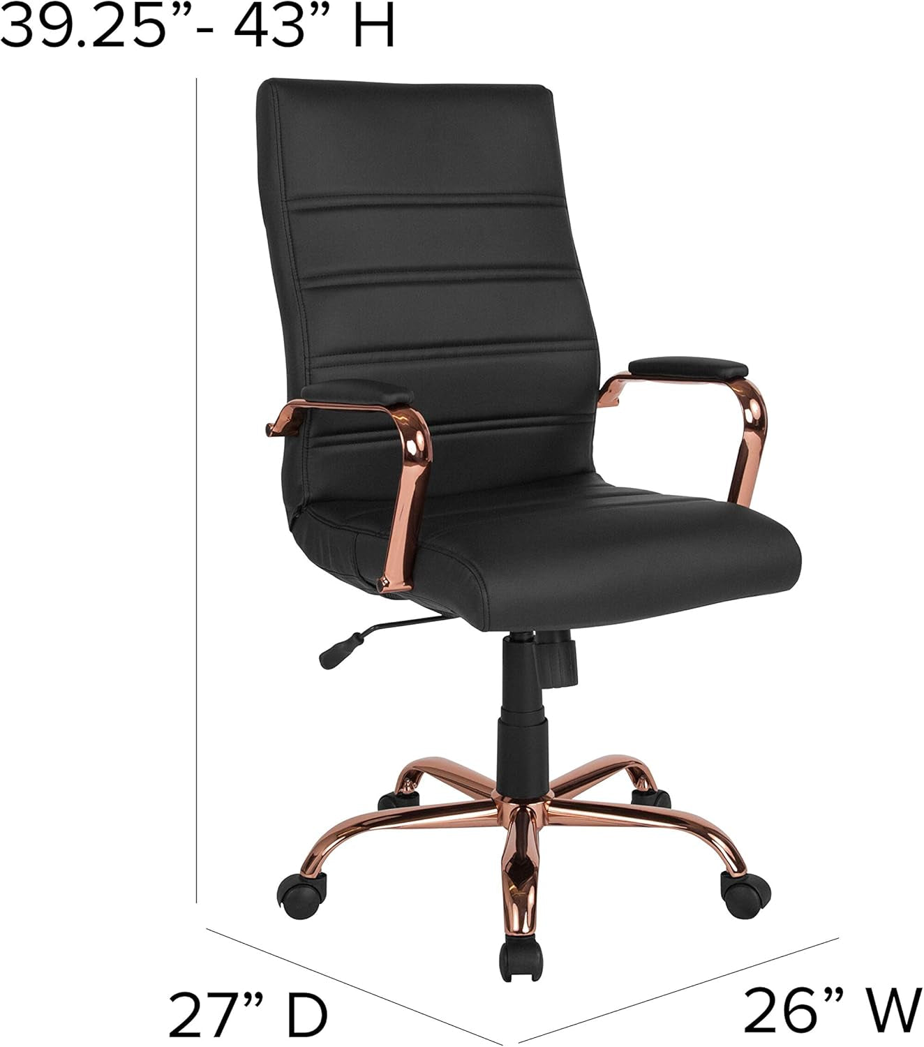 Whitney High-Back Swivel Leathersoft Desk Chair with Padded Seat and Armrests, Adjustable Height Padded Office Chair, Black/Rose Gold-2