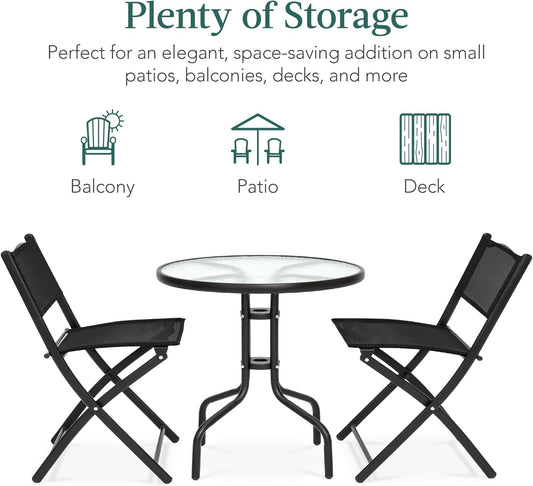 3-Piece Patio Bistro Dining Furniture Set W/Textured Glass Tabletop, 2 Steel Folding Chairs, Polyester Fabric - Black-1