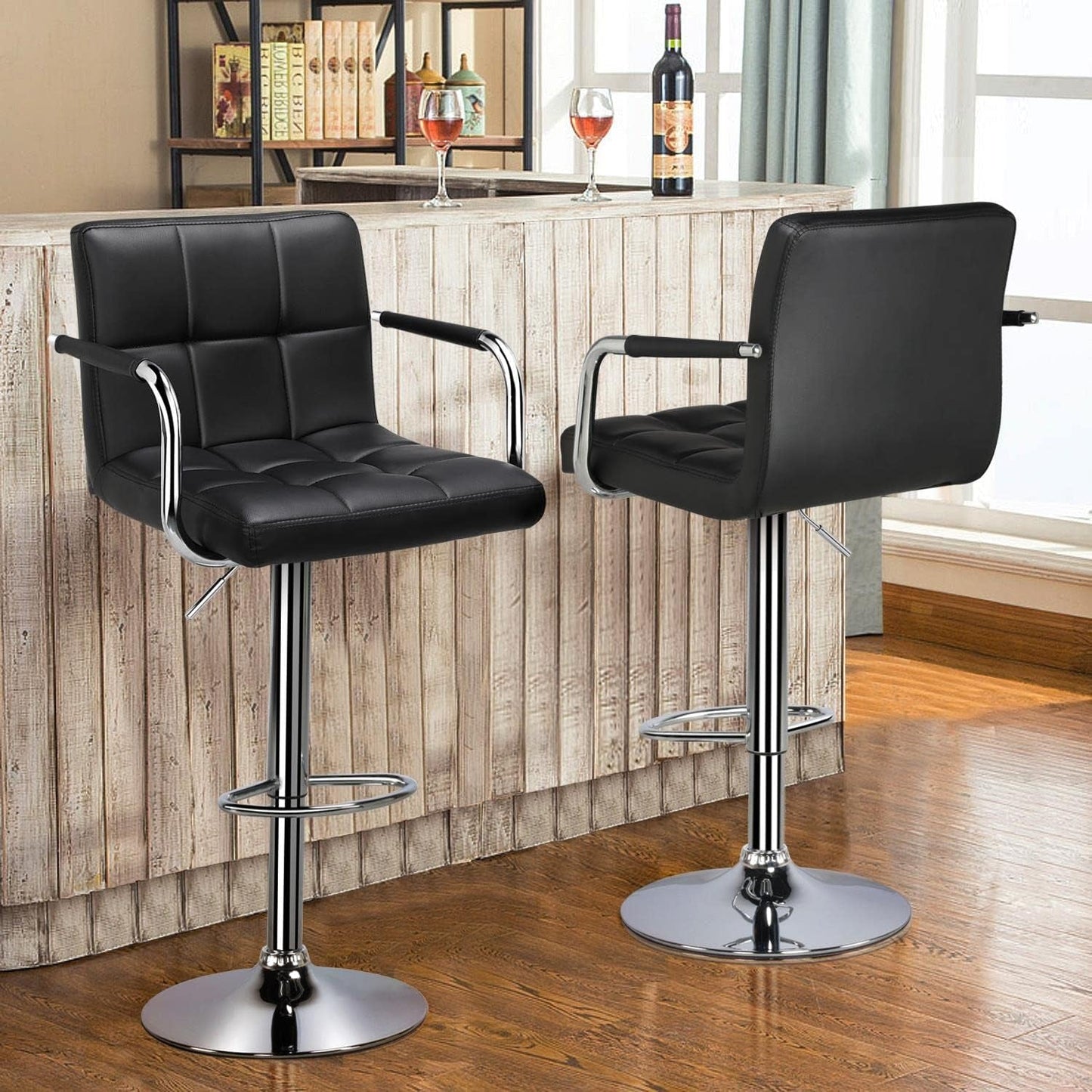 Bar Stools Set of 2, PU Leather Adjustable Swivel Barstools, Hydraulic Kitchen Counter Height Bar Chairs with Armrest and Back for Bar, Kitchen, Dining Room, Black-3