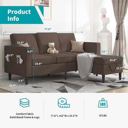 Sectional Sofa with Movable Storage Ottoman, L Shaped Sofa Couches for Living Room Furniture Set with Side Pockets, Modern Sofas Easy Assembl/Free Combination - Brown-1
