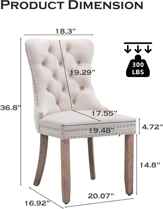 Velvet Dining Chair Set of 2 Upholstered Tufted Dining Room Chair with Nailhead Trim and Solid Wood Legs for Kitchen, Restaurant,Beige-1