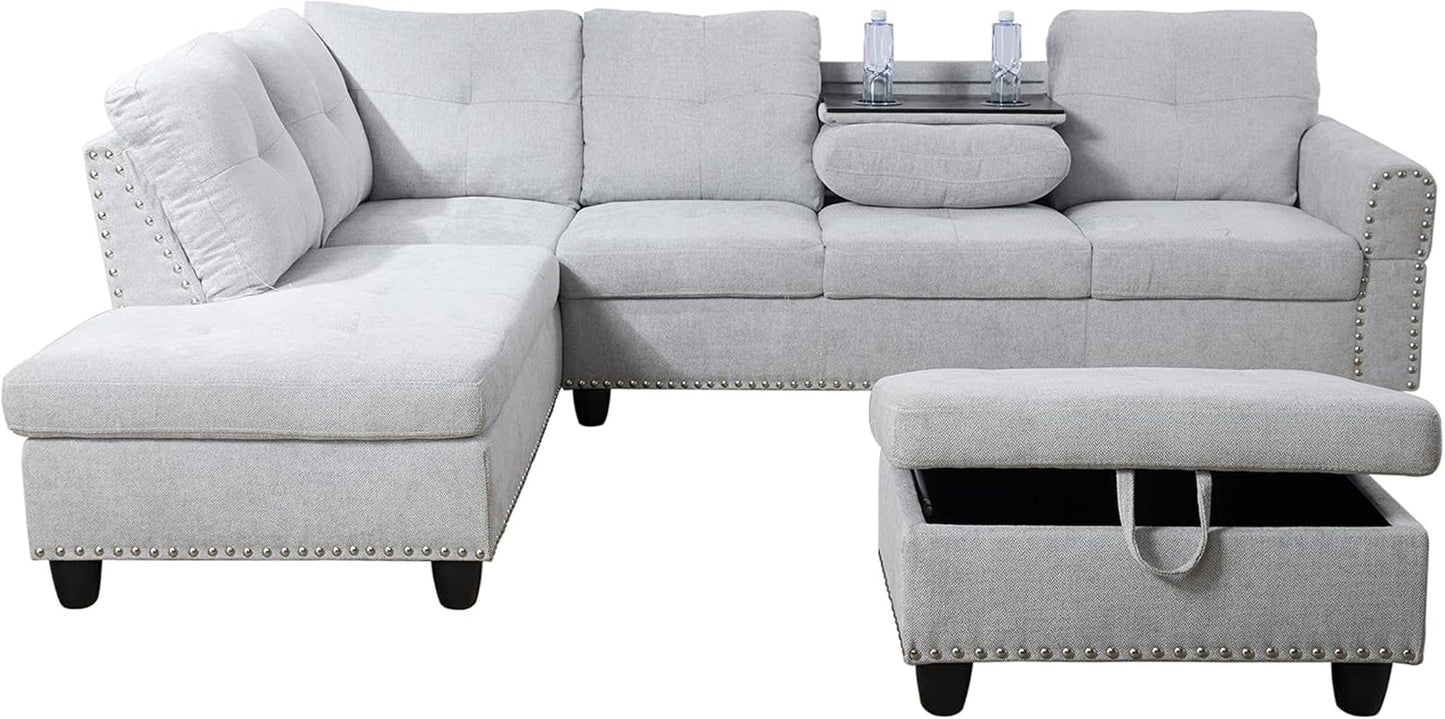 L Shaped Sectional Couch with Otttoman, 97" Sectional Sofa for Living Room Flannel Modular Couches with Cup Holders for Bedroom, Apartments, Grey White-4