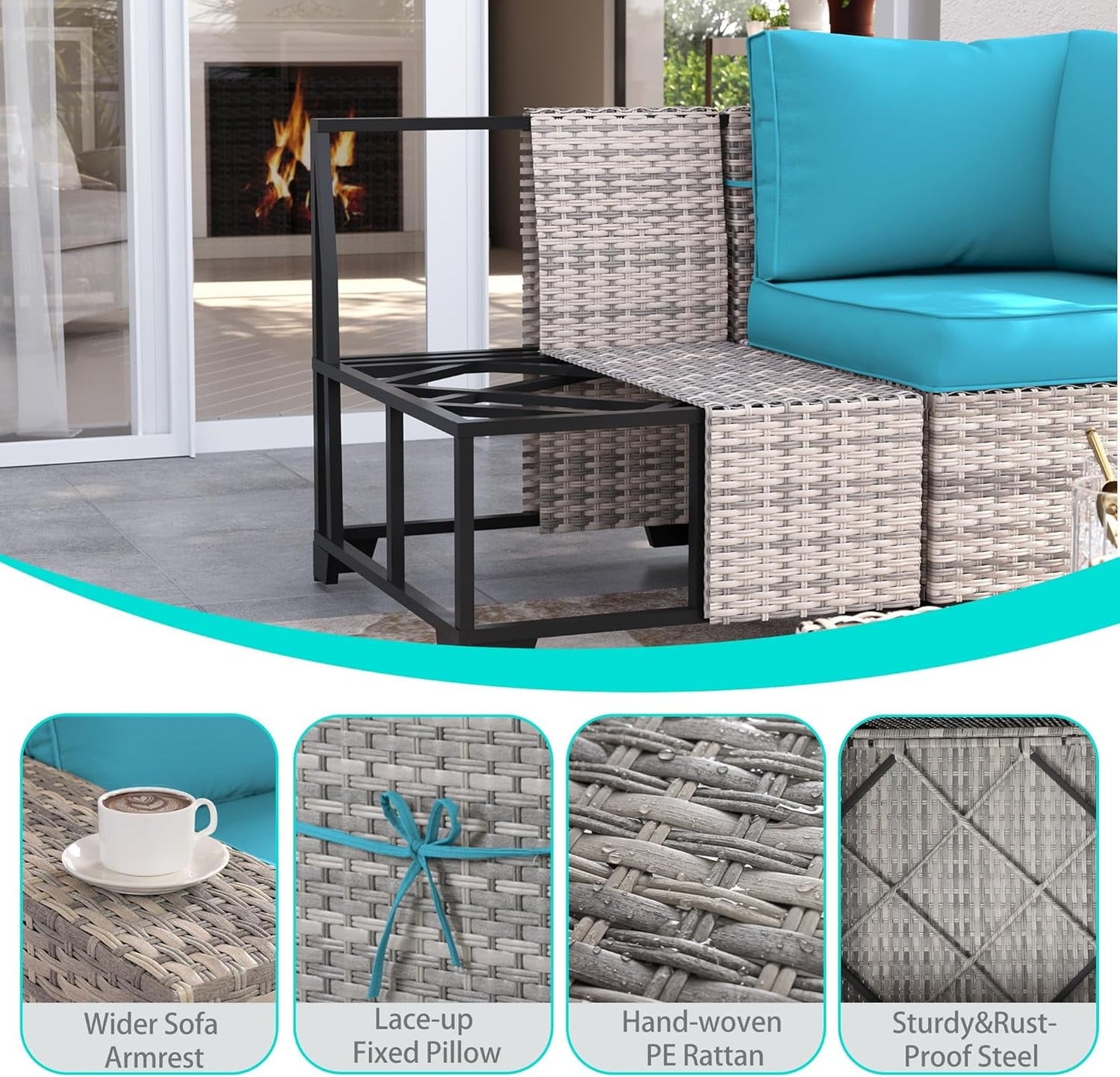 6-Piece Outdoor Patio Furniture Set Wicker Sectional Sofa Set, Patio Conversation Set with Thickened Cushions & Coffee Table for Garden, Backyard, Poolside, Turquoise-4