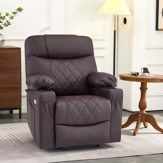 Small Size Power Lift Recliner Chair Sofa with Massage and Dual Heating, Adjustable Headrest for Elderly People Petite, USB Ports, Faux Leather 7111 (Dark Coffee)-1