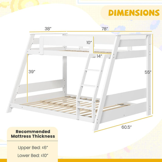Wood Bunk Beds Twin over Full Size, Solid Wood Floor Low Bunk Bed W/Removable Ladder & Full-Length Guardrails, Low Profile Full Size Bunk Bed for Kids, Teens, Juniors, Small Spaces (White)-1