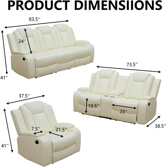Leather Power Recliner Sofa Set with LED, Living Room Furniture Set, Leather Sofa Set with USB Port Storage Console Cup Holder (Power Reclining Sofa Set, Cream White)-1
