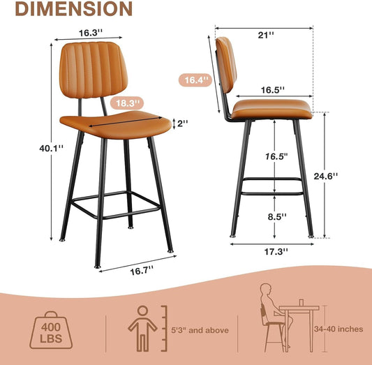 Bar Stools Set of 2, 24.6 Inch Counter Height Barstools, High Backrest Faux Leather Upholstered Counter Stools with Armless Footrest Modern Bar Chairs Tall Pub Stools for Kitchen Dining,Brown-1