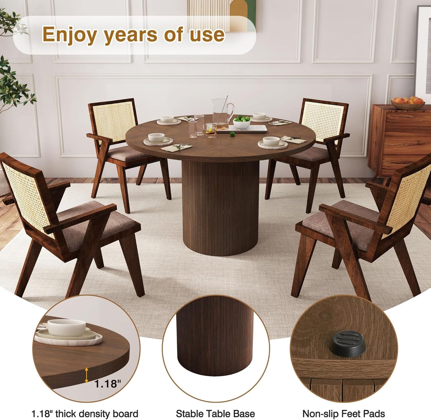 Round Dining Table for 4, Modern Farmhouse Kitchen Table, 47 Inch Small Circle Dining Tables with Wood Strip Base for Kitchen Living Room (Walnut)-4