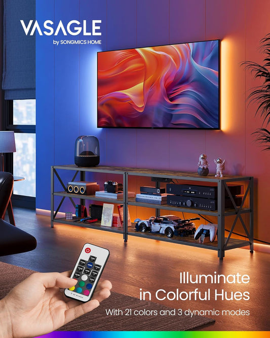 TV Stand with Power Outlets and LED Lights, for Tvs up to 65 Inches, Entertainment Center with Open Storage Shelves, TV Console Table for Living Room, Rustic Brown and Ink Black ULTV118K01-1