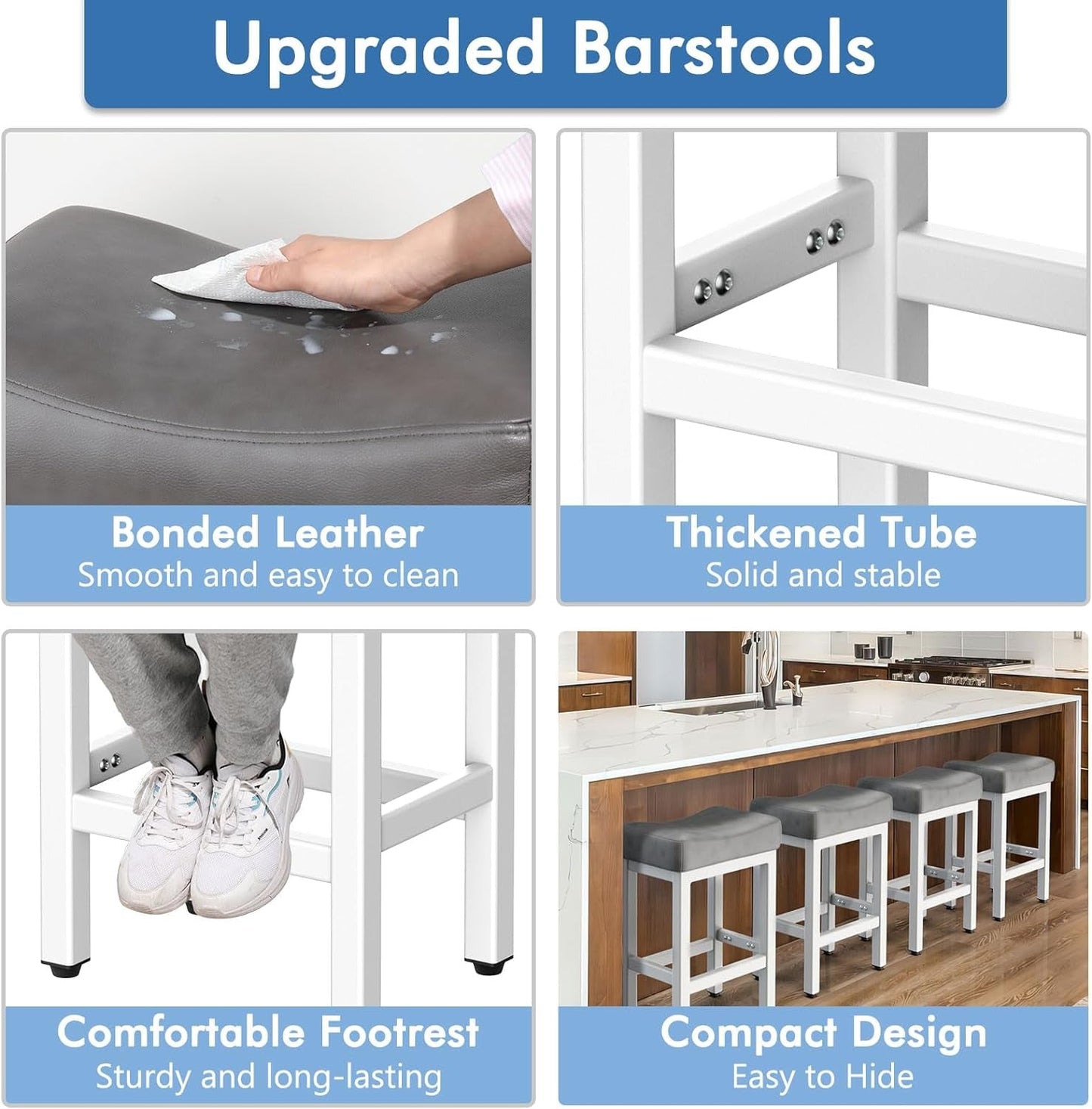 Counter Height Bar Stools Set of 2, 24 Inch Barstools for Kitchen Island Counter, Bonded Leather Kitchen Stools with Thick Saddle Seats & Heavy Duty Metal Base, Easy Assembly, Gray/White-3