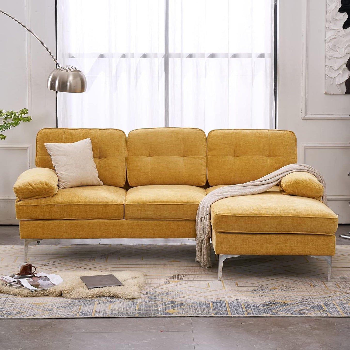 Sectional Sofa 83" L-Shape Sofa Couch 3-Seat Couch with Chaise Chenillefabric Upholstered for Living Room, Apartment, Office, Yellow-2