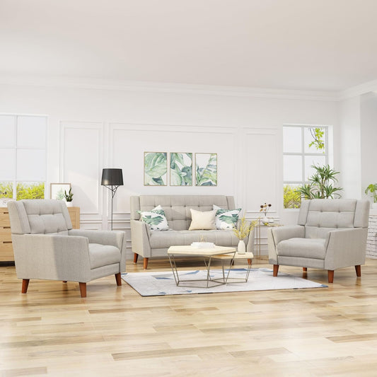 Evelyn Mid Century Modern Fabric Arm Chair and Loveseat Set, Beige, Walnut-1