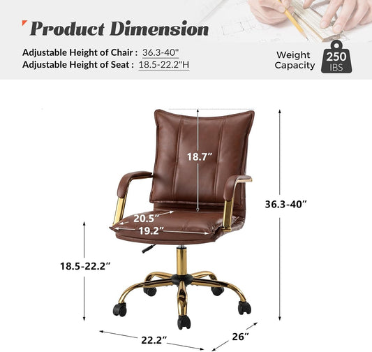 Faux Leather Home Office Desk Chair, Adjustable Swivel Computer Chair with Golden Legs and Arms, Comfy Upholstered Task Chair, Brown-1