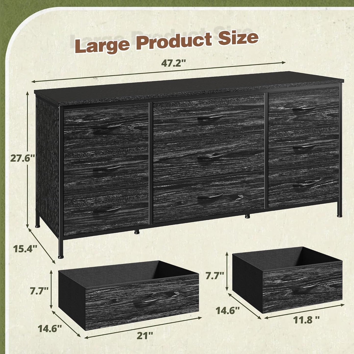Dresser TV Stand with 9 Drawers for 60'' TV Stand for Bedroom Long Dresser for Bedroom Wide Dressers & Chests of Drawers, Sturdy Metal Frame & Wood Top, Living Room, Closet, Charcoal Black-2