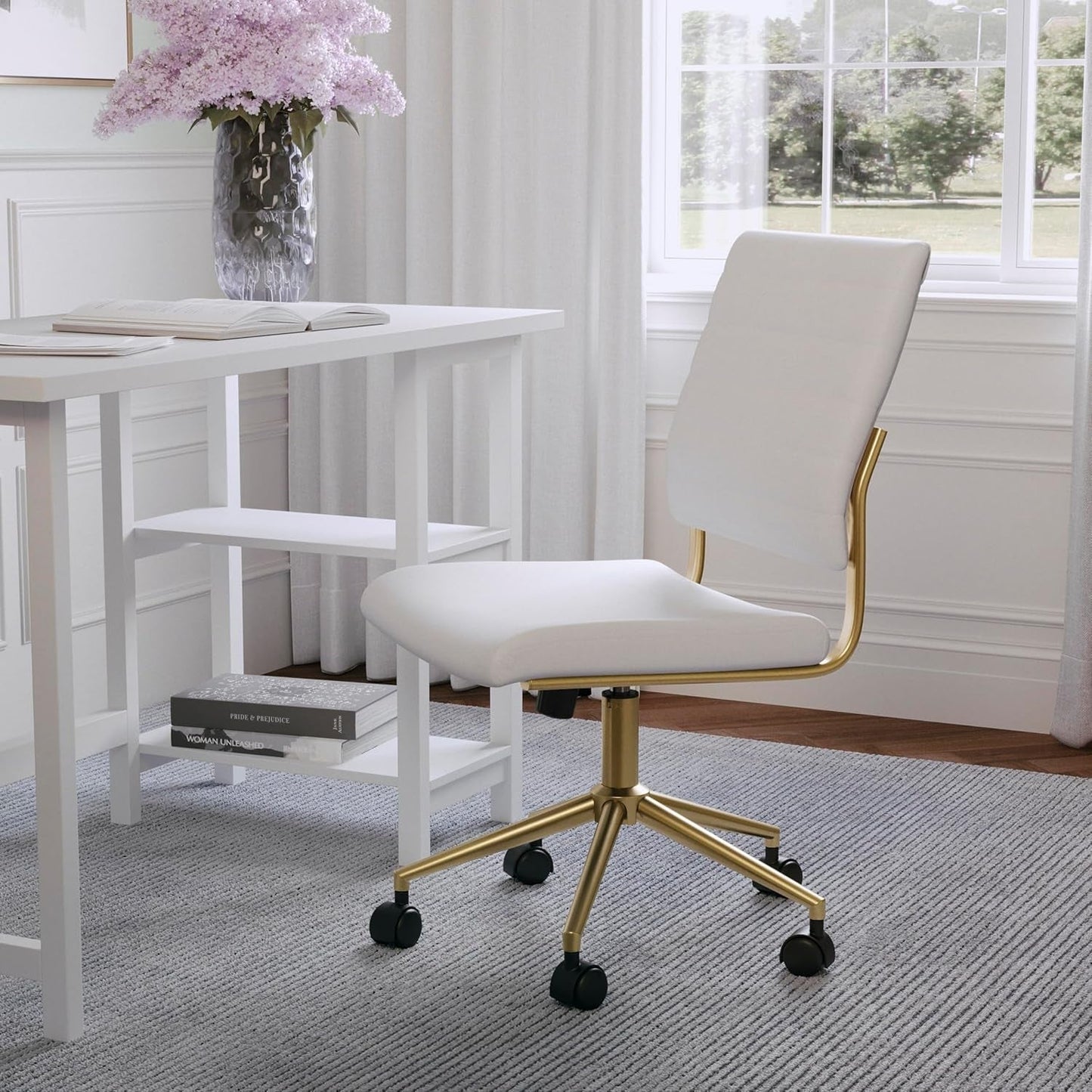 Ivy Armless Swivel Task Chair for Home Office in White Faux Leather with Polished Brass Frame-1