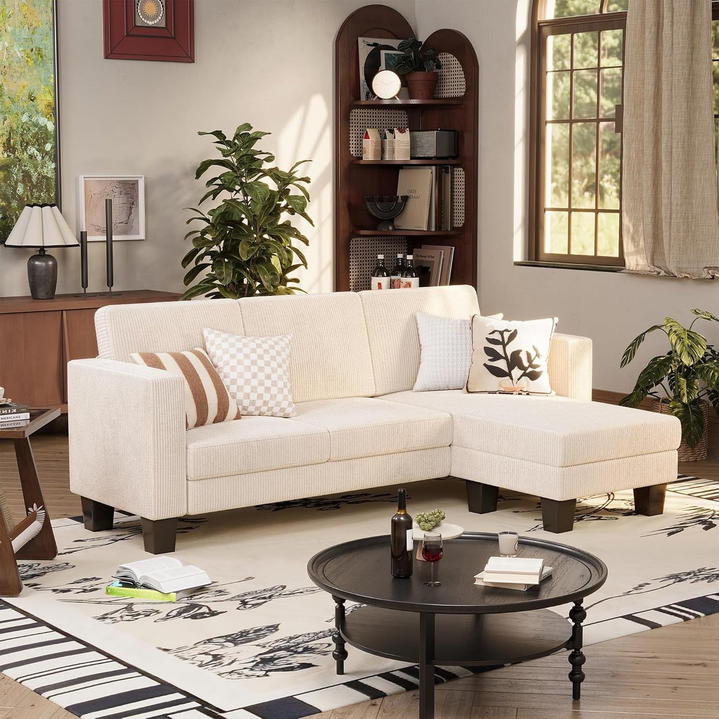 Convertible Sectional Sofa Couch, 3 Seat L-Shaped Sofa with Linen Fabric Ottoman Small Couch for Small Apartments, Living Room and Office (Corduroy, Cream)-2