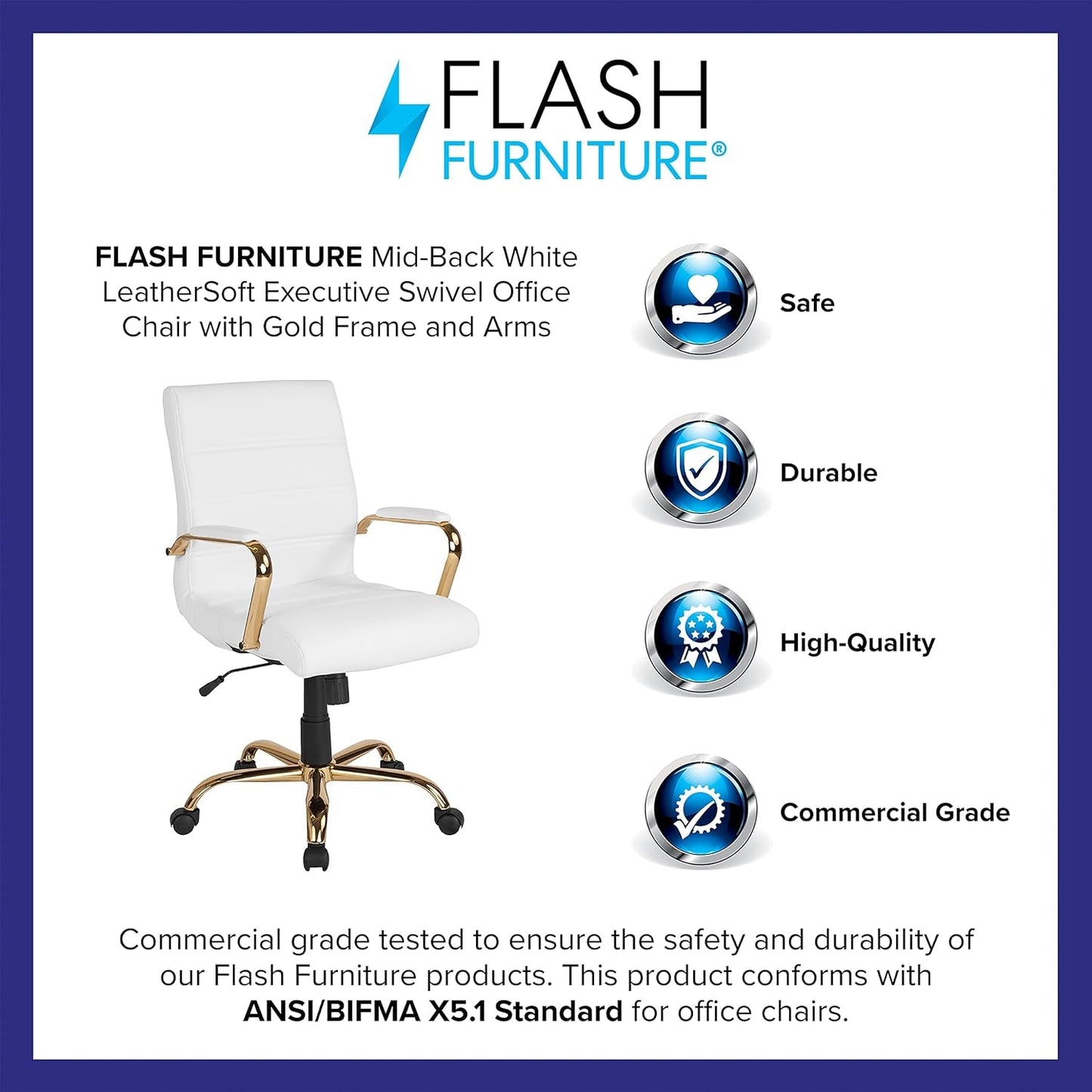 Whitney Mid-Back Swivel Leathersoft Desk Chair with Padded Seat and Armrests, Adjustable Height Padded Office Chair, White/Gold-3