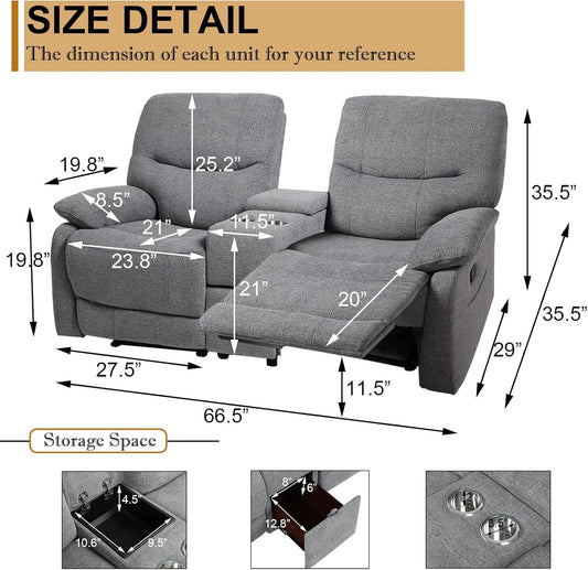 Double Reclining Loveseat - Fabric Home Theater Seating with Console - 2 Seater Manual Reclining Couch for Living Room, Office (Fabric- Light Grey)-1