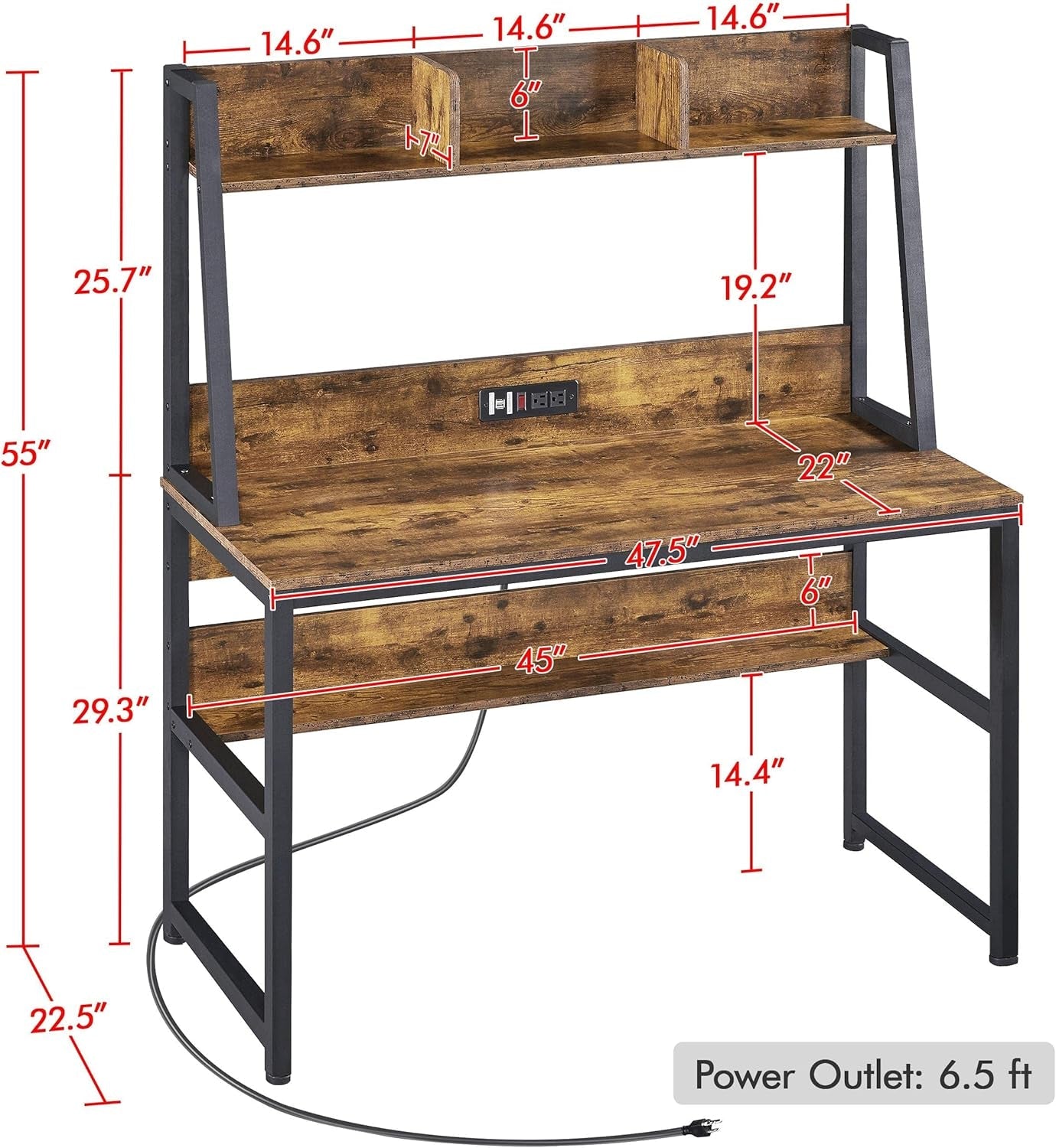 47 in Modern Computer Desk with Power Outlets and 2 USB Ports, Home Office Study Writing Desk with Hutch and Bookshelf, Large Workstation Gaming Table with Charging Station, Rustic Brown-2