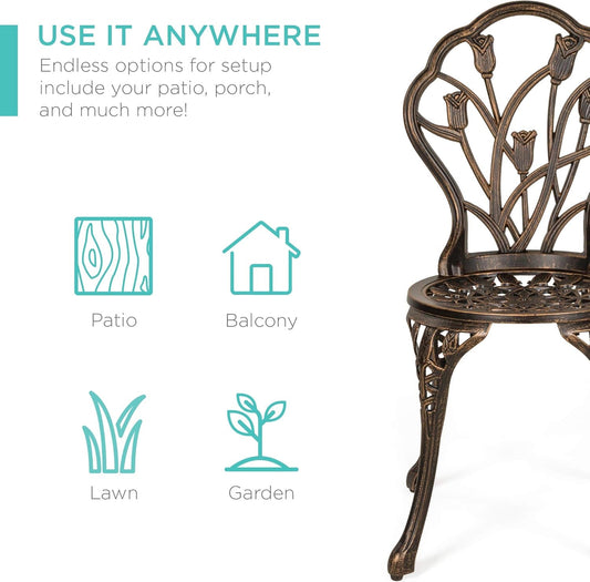 3-Piece Outdoor Rust-Resistant Cast Aluminum Patio Bistro Set W/Tulip Design, Antique Finish - Copper-1