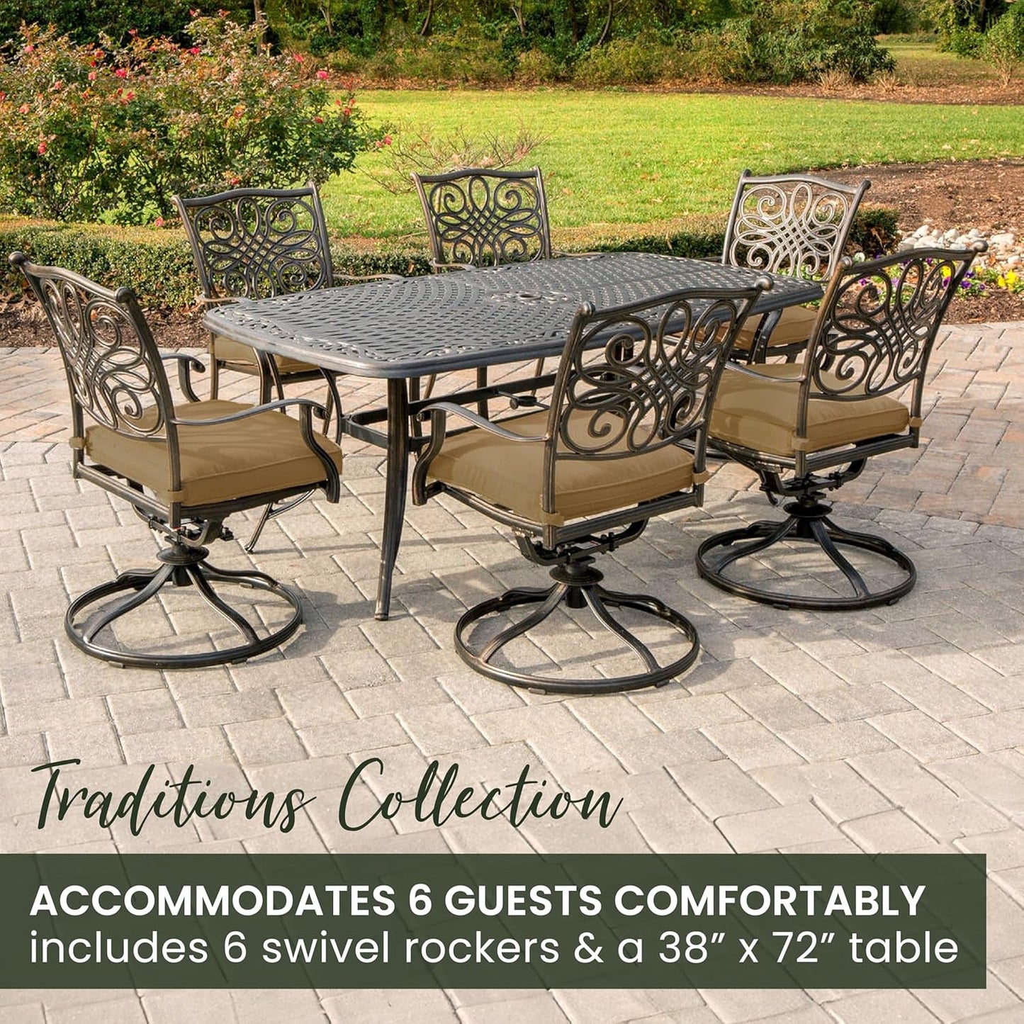 Traditions 7-Piece Patio Dining Set with 6 Swivel Rocker Chairs, Tan Cushions and Large 38"X72" Dining Table, Outdoor Dining Set for 6, Premium Weather Resistant Patio Furniture-3