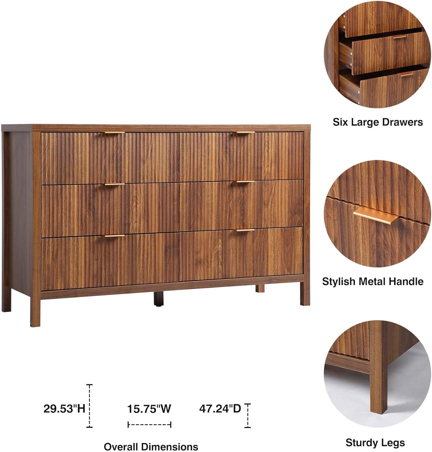Fluted 6 Drawer Double Dresser for Bedroom, 47" Wide Modern Closet Dressers Chest of Drawers, Wood Storage Dresser Organizer for Nursery Bedroom Living Room Hallway Closet, Walnut-2