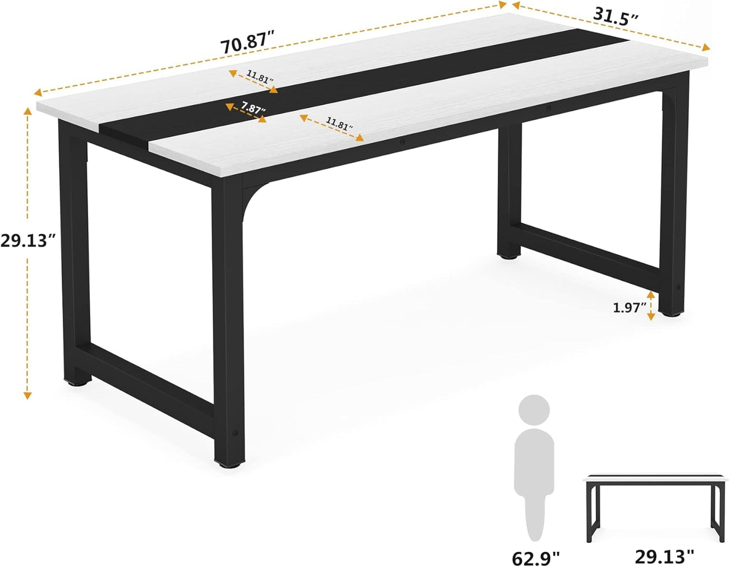 70.8”Executive Desk, Large Office Computer Desk with Thicken Frame, Modern Simple Workstation Business Furniture for Home Office, White/Black-1