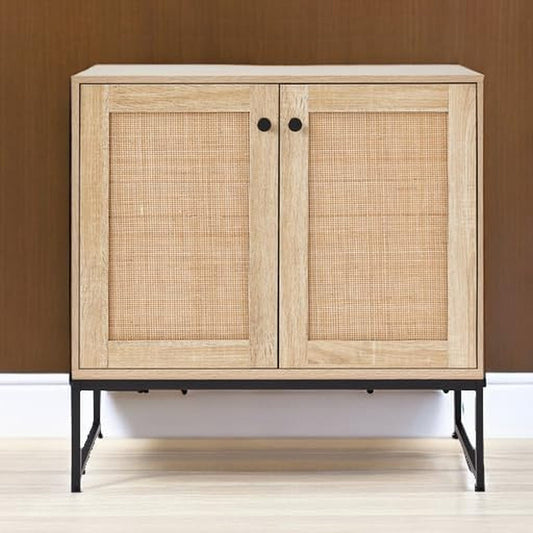 2-Door Rattan Storage Cabinet, Accent Furniture, Multifunctional Cupboard for Living Room, Hallway, Kitchen, Sideboard, Buffet Table W/Non-Scratch Foot Pads - Natural-1