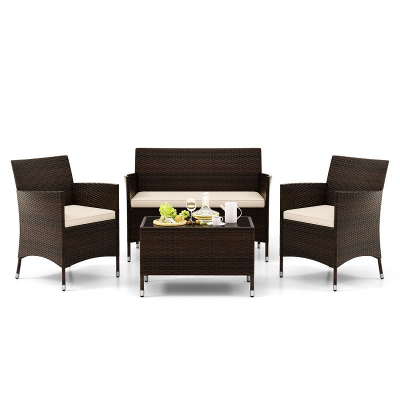 4 Pieces Comfortable Mix Brown Outdoor Rattan Sofa Set with Glass Coffee Table-5