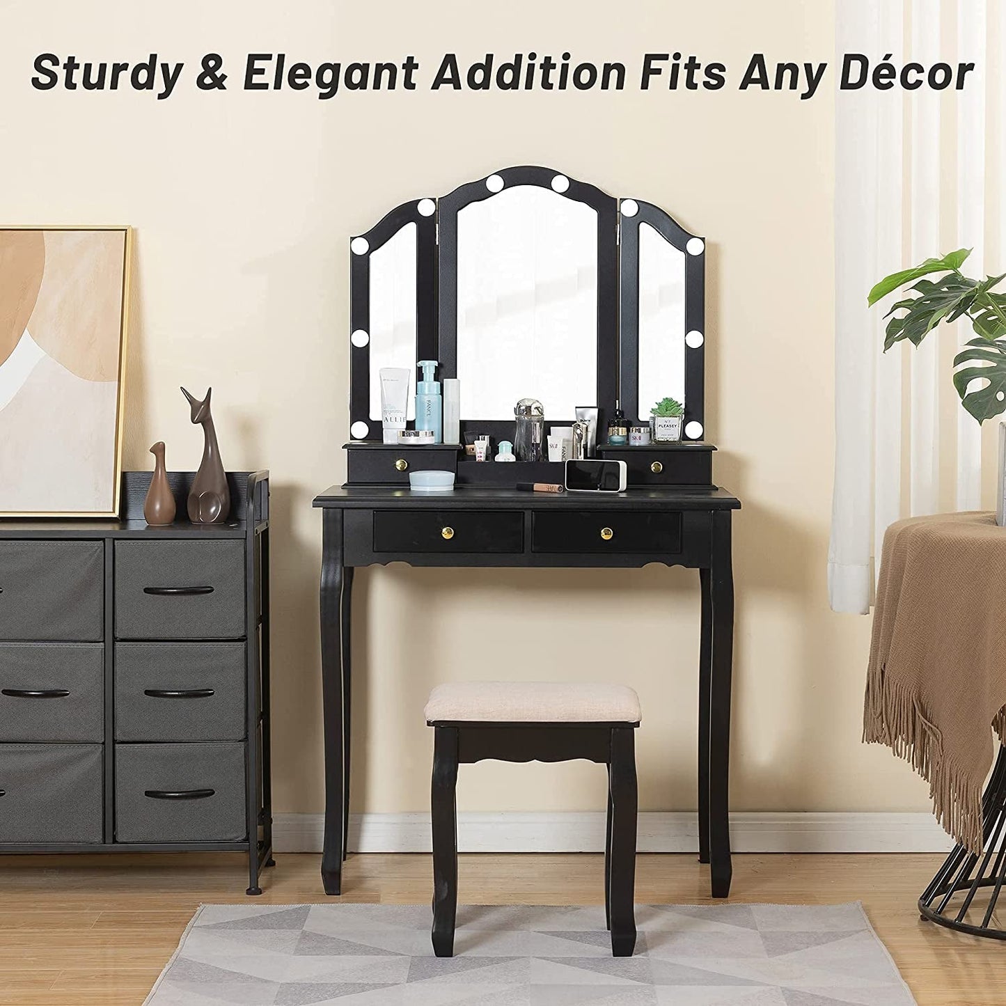 Black Vanity Set with Lighted Tri-Fold Mirror-4