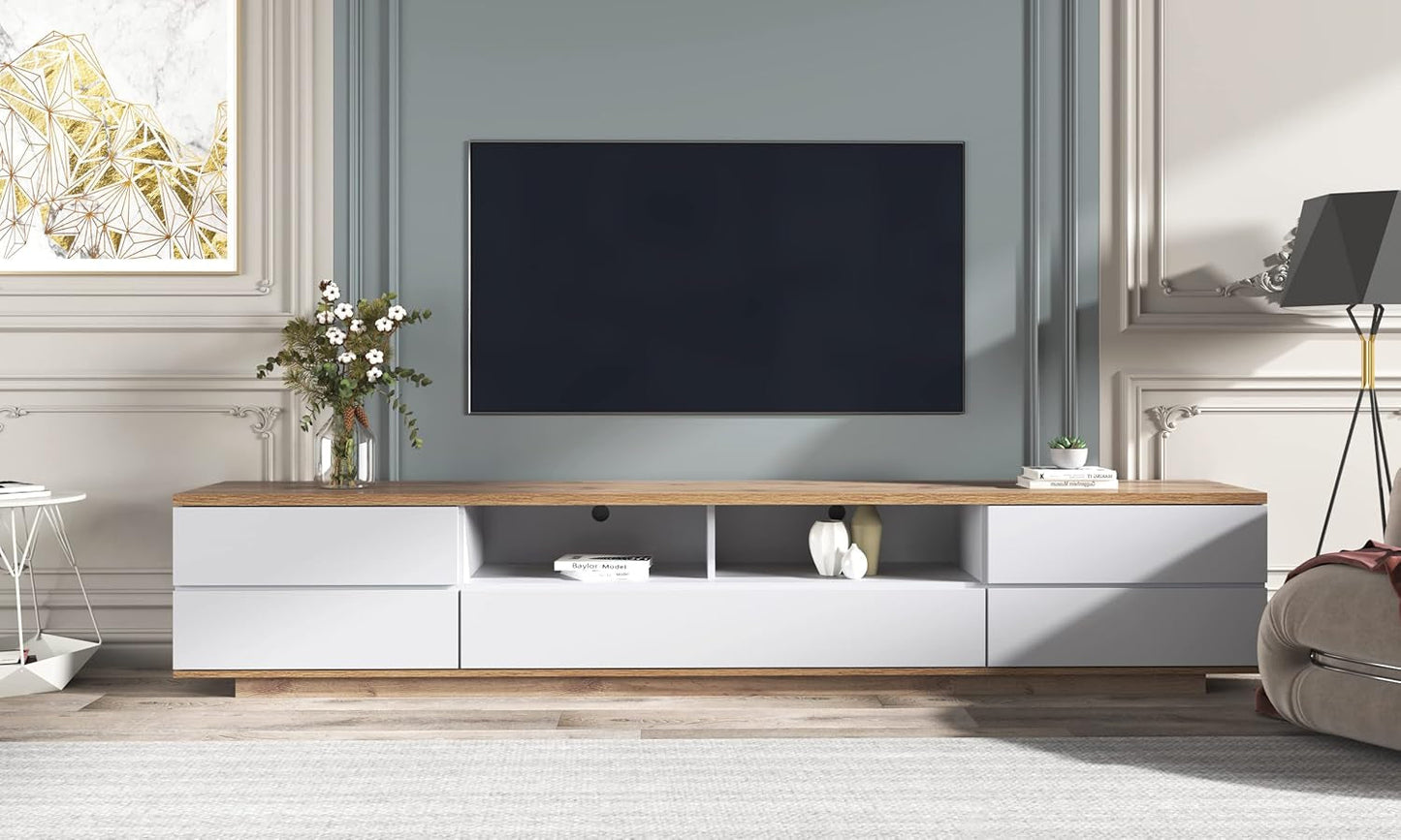 Wood TV Stand Entertainment Center with Storage Cabinets & Open Shelves, Modern TV Console Table for Tvs up to 80” for Living Room Bedroom (White)-0