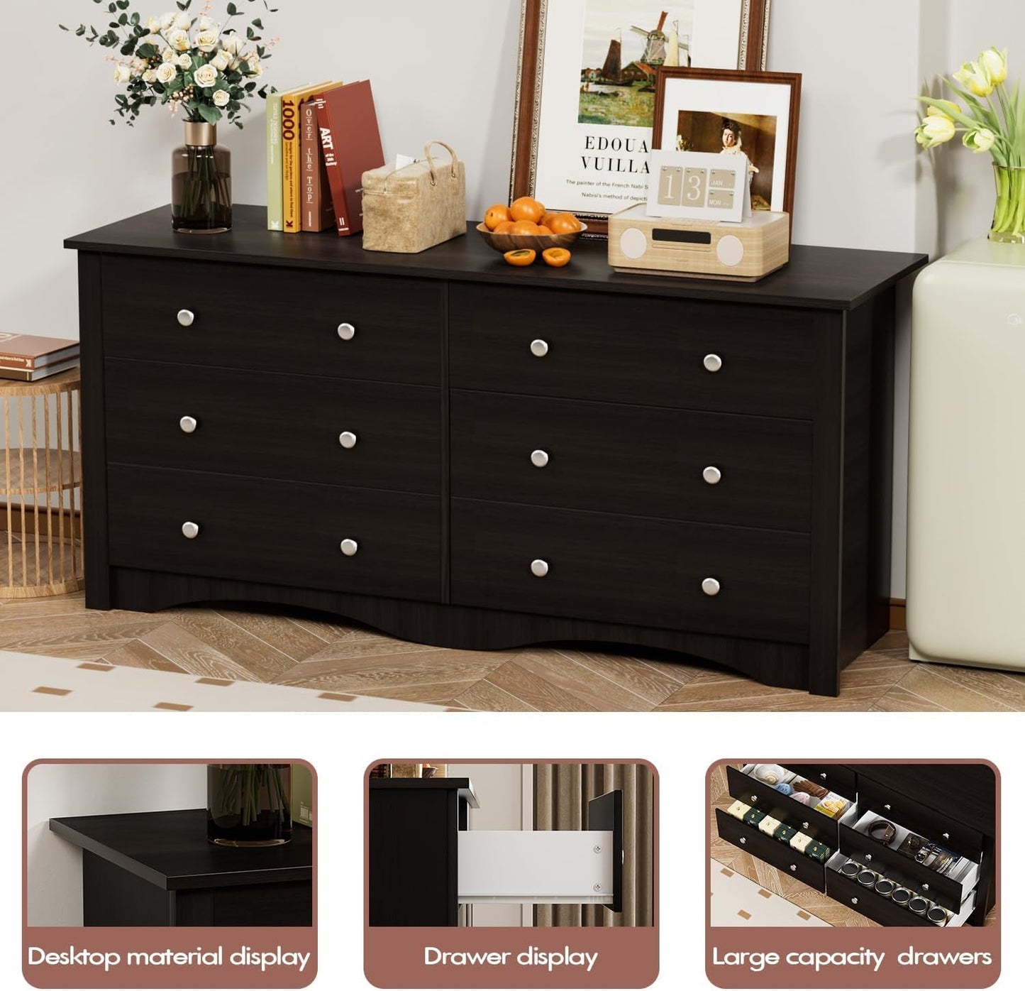 Dresser with 6 Drawer, Wood Wide Chest Storage Organizer and TV Stand for Living Room, Hallway, Dormitory, Brown-4