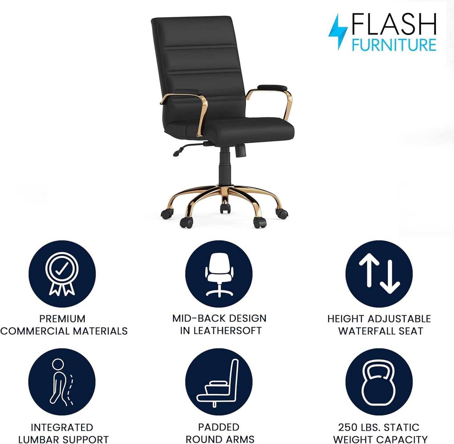 Whitney Mid-Back Swivel Leathersoft Desk Chair with Padded Seat and Armrests, Adjustable Height Padded Office Chair, Black/Gold-3