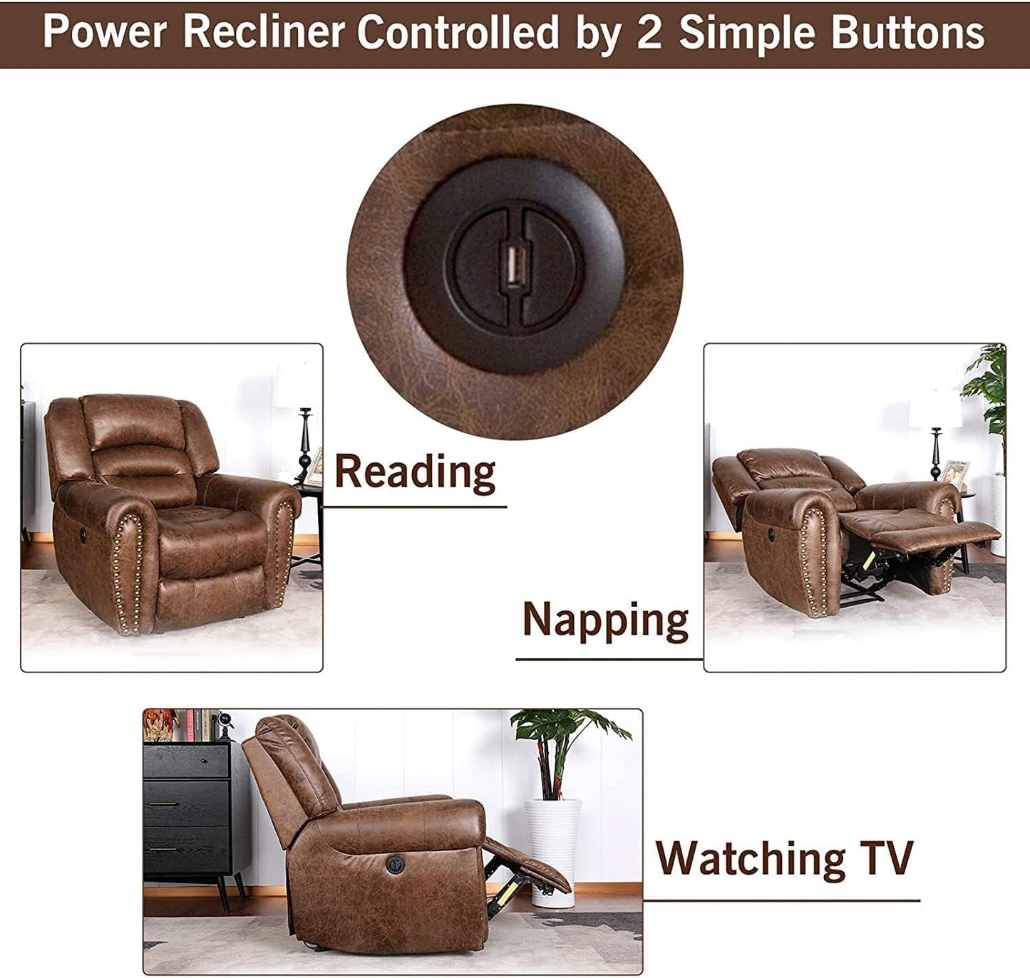 Electric Recliner Chair W/Breathable Bonded Leather, Classic Single Sofa Home Theater Recliner Seating W/USB Port (Nut Brown)-4