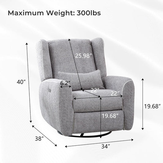 Power Recliner Chair Swivel Glider Rocker Recliner Electric Boucle Glider Recliner Nursery Swivel Rocking Power Reclining Chair with Upholstered Cushion,Type-C Port,Usb Port for Living Room Gray-1